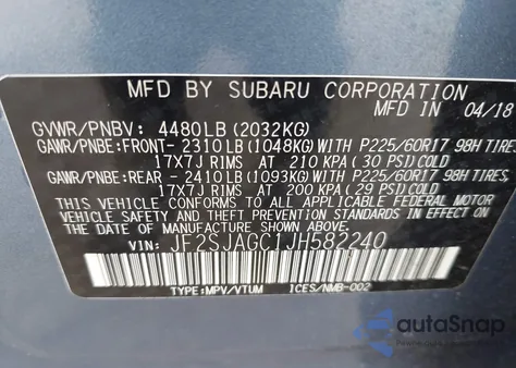 2018 Subaru Forester 2.5I Premium z USA, uszkodzony, nr VIN JF2SJAGC1JH582240